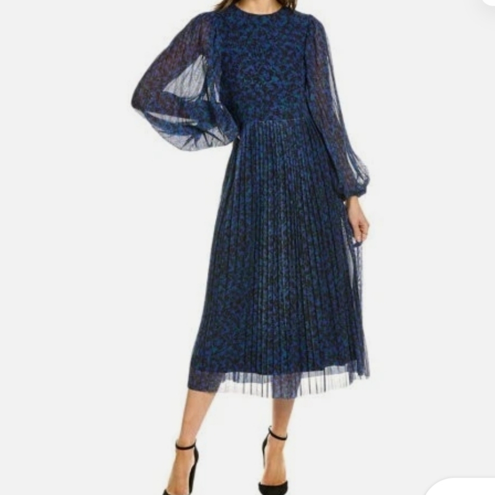 Boden Pleated Long Sleeve Mesh Midi Dress With Blousson Sleeves Womens Size 12